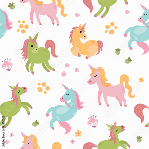 Seamless pattern with cute unicorns. Design for fabric, textiles, wallpaper, packaging. 