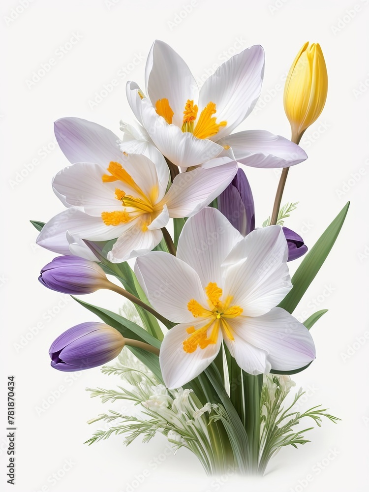 Fototapeta premium 3d wild flowers, leaves, nature, soft colors, freshness, pastel tones on white background 