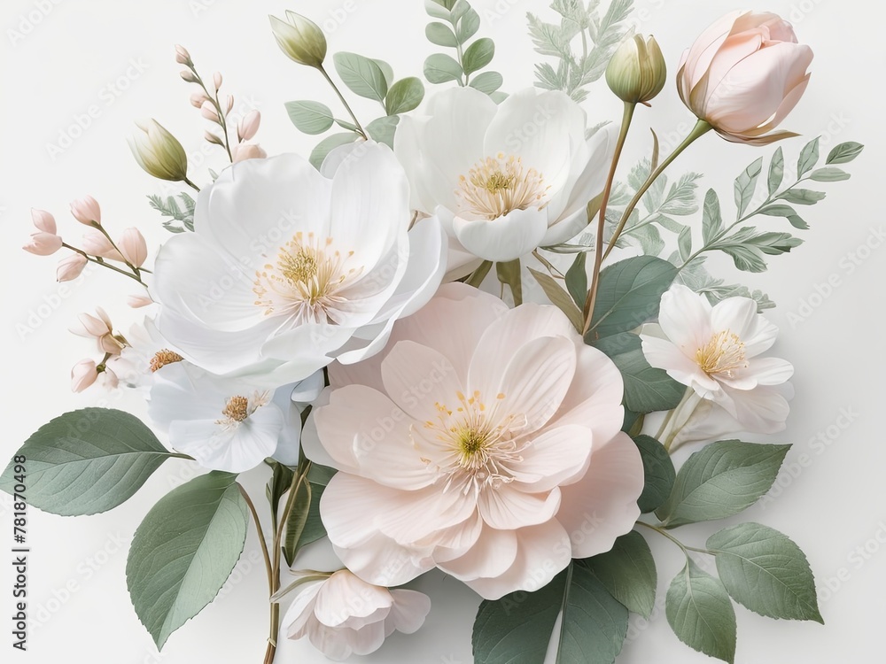 3d wild flowers, leaves, nature, soft colors, freshness, pastel tones on white background 3d wild flowers, leaves, nature, soft colors, freshness, pastel tones on white background