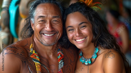 Smiling Father and Daughter with Traditional Polynesian Tattoos © Stanley