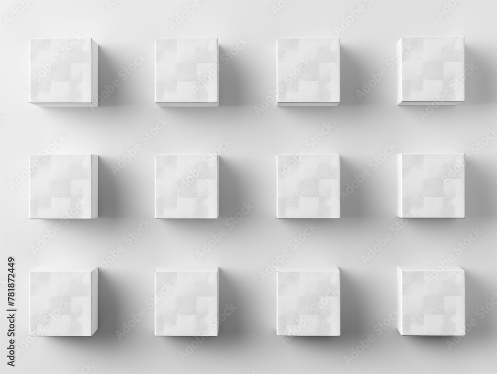 identical white boxes stand on a white background exactly in a checkerboard pattern, top and side views - obrazy, fototapety, plakaty 