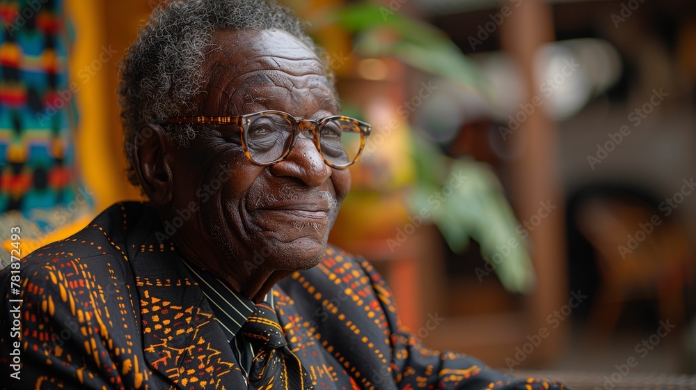 Fototapeta premium Elderly African Man Smiling in Traditional Clothing