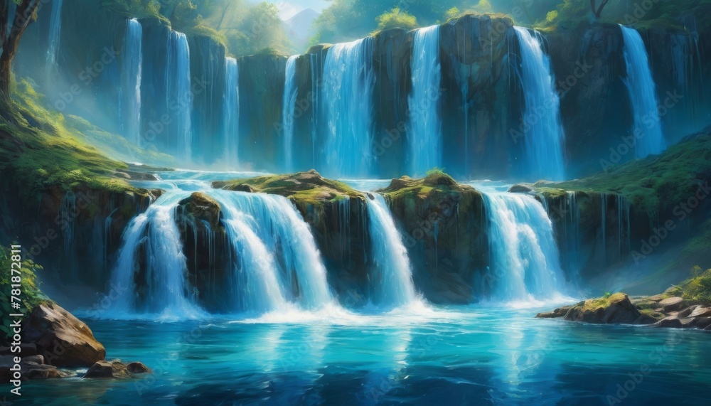 A tranquil waterfall cascades into a serene blue lagoon surrounded by lush greenery and mystical fog in a peaceful landscape.. AI Generation A tranquil waterfall cascades into a serene blue lagoon surrounded by lush greenery and mystical fog in a peaceful landscape.. AI Generation