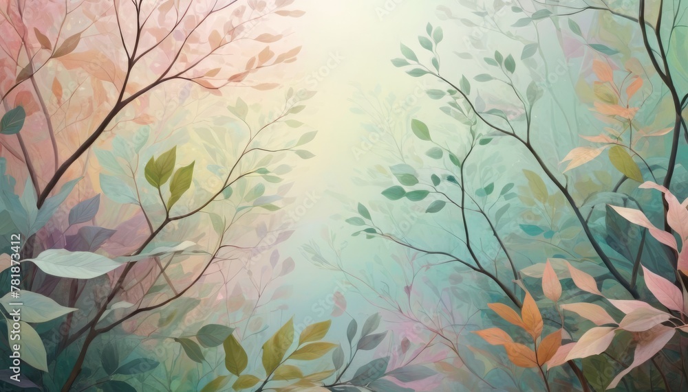 A digitally rendered forest scene with delicate branches and leaves in soft pastel hues, evoking a tranquil and mystical atmosphere suitable for diverse creative projects.. AI Generation A digitally rendered forest scene with delicate branches and leaves in soft pastel hues, evoking a tranquil and mystical atmosphere suitable for diverse creative projects.. AI Generation
