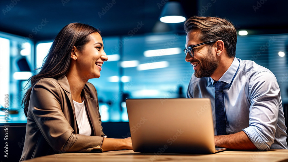 Two smiling professional business people talking using laptop computer working in office. Happy colleagues or entrepreneurs team man and woman discussing corporate technology at workplace. Two smiling professional business people talking using laptop computer working in office. Happy colleagues or entrepreneurs team man and woman discussing corporate technology at workplace.