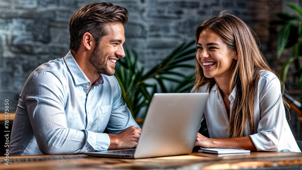 Two smiling professional business people talking using laptop computer working in office. Happy colleagues or entrepreneurs team man and woman discussing corporate technology at workplace. Two smiling professional business people talking using laptop computer working in office. Happy colleagues or entrepreneurs team man and woman discussing corporate technology at workplace.