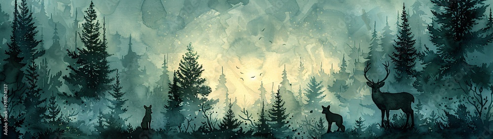 Mystical Forest at Sunset A Watercolor Painting Generative AI