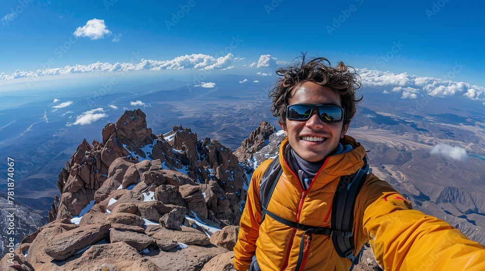 Smiling Mountaineer Taking a Selfie Atop a Rugged Peak Smiling Mountaineer Taking a Selfie Atop a Rugged Peak