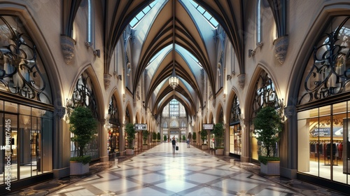 Gothic-themed shopping mall or retail center with grand entrances, vaulted arcades, and intricate wrought iron details   photo