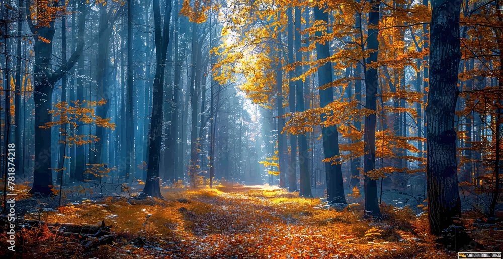 Fototapeta premium Autumnal Serenity A Path Through a Forest of Fallen Leaves Generative AI