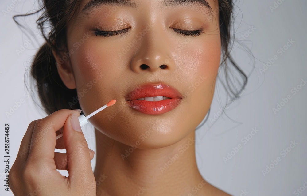a woman with a red lipstick and she is having and facial intervention with a syringe a woman with a red lipstick and she is having and facial intervention with a syringe