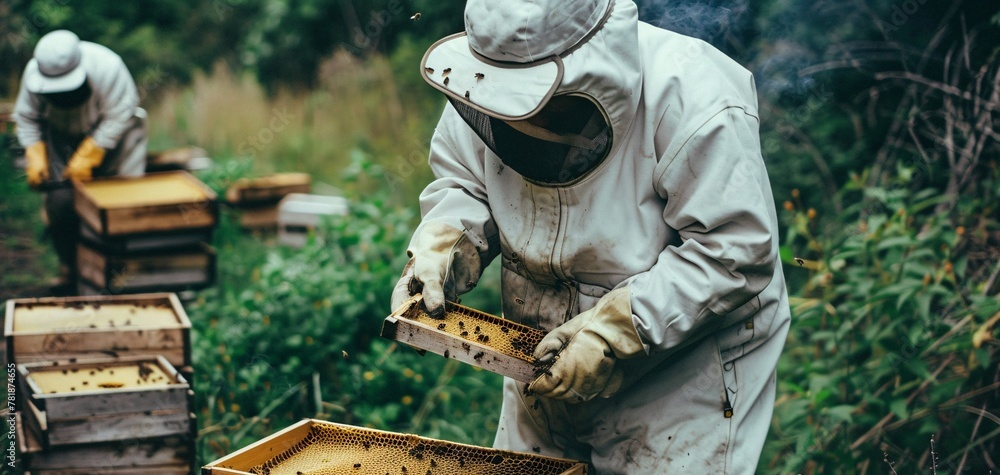 Beekeeper at Work Tending to Honeycomb and Managing Bees Generative AI Beekeeper at Work Tending to Honeycomb and Managing Bees Generative AI