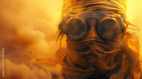 portrait of person warrior in a buff and glasses in steampunk style in a dusty desert in a post-apocalyptic world