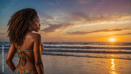 stunning african american woman wearing a bikini on the beach with beautiful sunset in the background © The A.I Studio