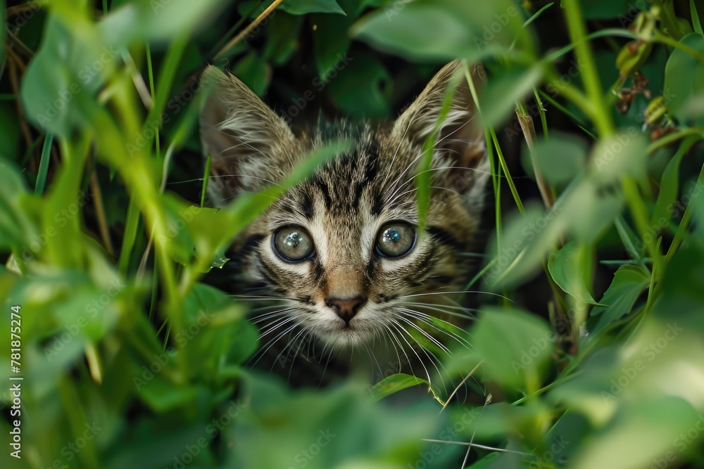 Adorable Stray Kitten Hiding in the Grass â€“ Cute, Funny, and Pretty Feline Mammal with Big Eyes Enjoying Summer Days