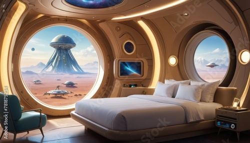 A modern room aboard a spaceship offers a serene view of a distant space structure and the desert below, combining comfort with curiosity.. AI Generation