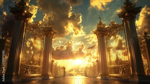 Aethereal Heaven's Gates - Ornate Gold Columns of Paradise Opening to Majestic Spirituality photo