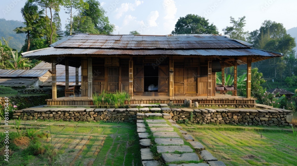 Bamboo House. Beautiful Wooden Architecture with Bamboo. Perfect for Tour Tourism in Rural Villages