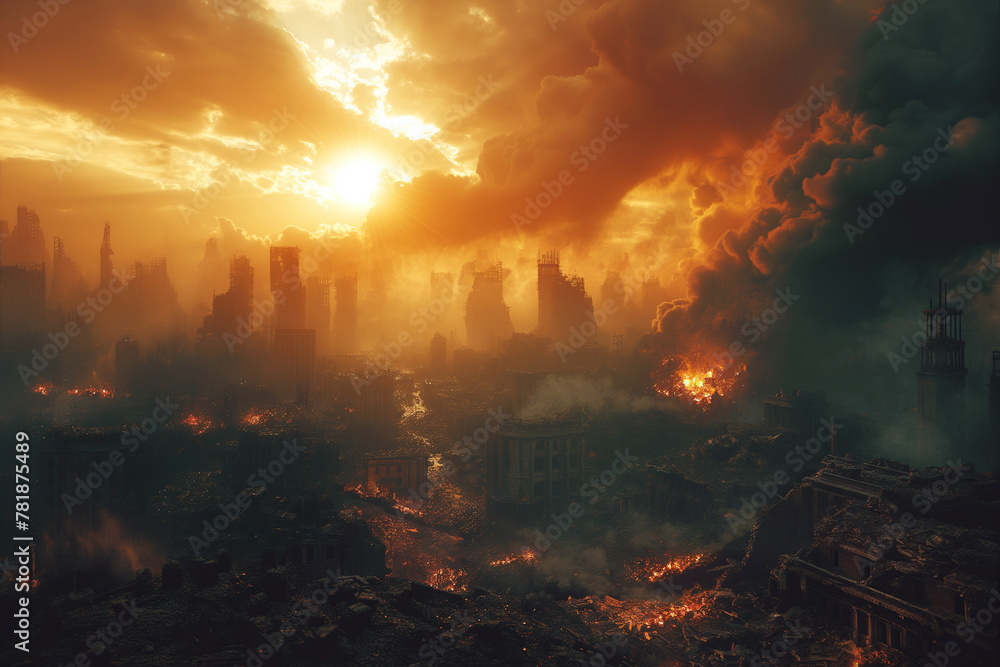 Fototapeta premium city destroyed by bombing of nuclear war is in ruins in smoke and fire