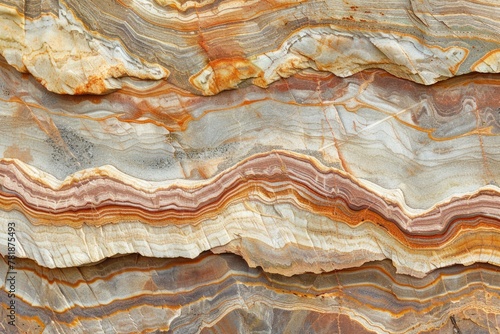 Banded Sedimentary Rock with Wavy Textured Strata. Geology of Sandstone Layers and Nature's Art on Rock Surface photo