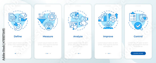 Six sigma processing stages blue onboarding mobile app screen. Walkthrough 5 steps editable graphic instructions with linear concepts. UI, UX, GUI template. Montserrat SemiBold, Regular fonts used
