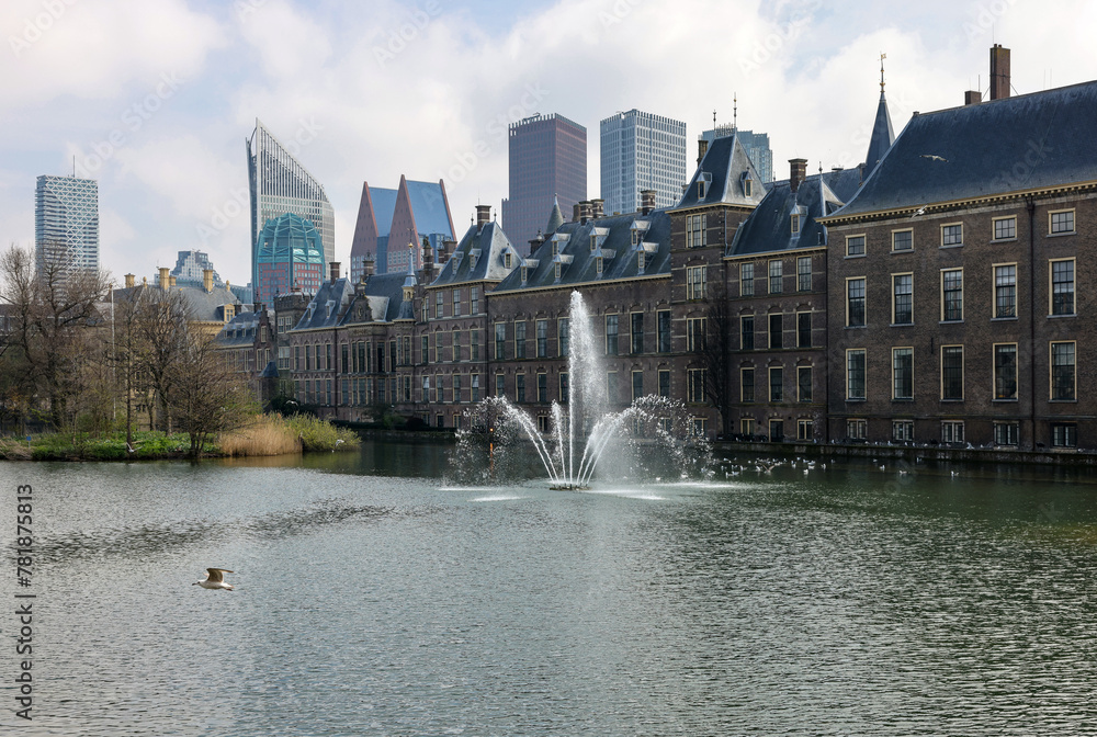 Facade of Binnenhof - Dutch Parliament with Hofvijver pond, The Hague, The Netherlands;