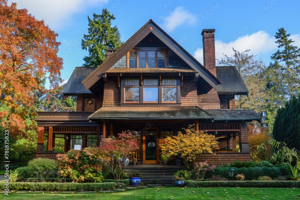 Classic Craftsman Style Bungalow House with Bay Window and Brown Chimney on Autumn Blue Skies with Bushes