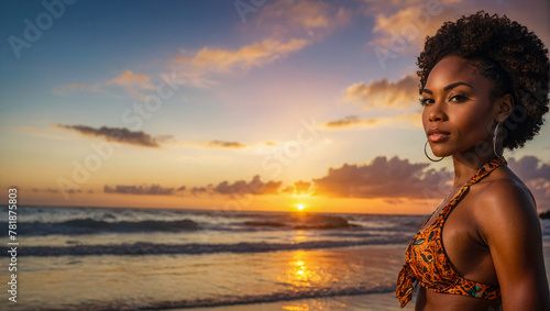stunning african american woman wearing a bikini on the beach with beautiful sunset in the background