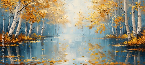 Autumnal Serenity A Painting of a Tranquil Lake Surrounded by Fallen Trees and Reflections Generative AI
