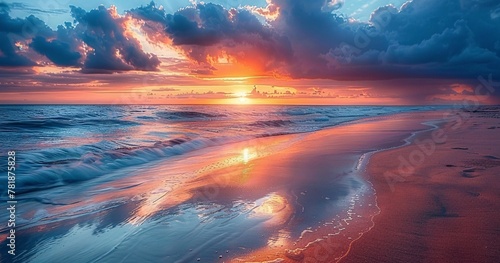 Sunset Reflections A Serene Beach Scene Generative AI