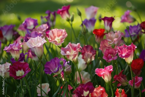Colorful Lisianthus Blossoms in a Flowerbed Garden with Green Grass Surroundings
