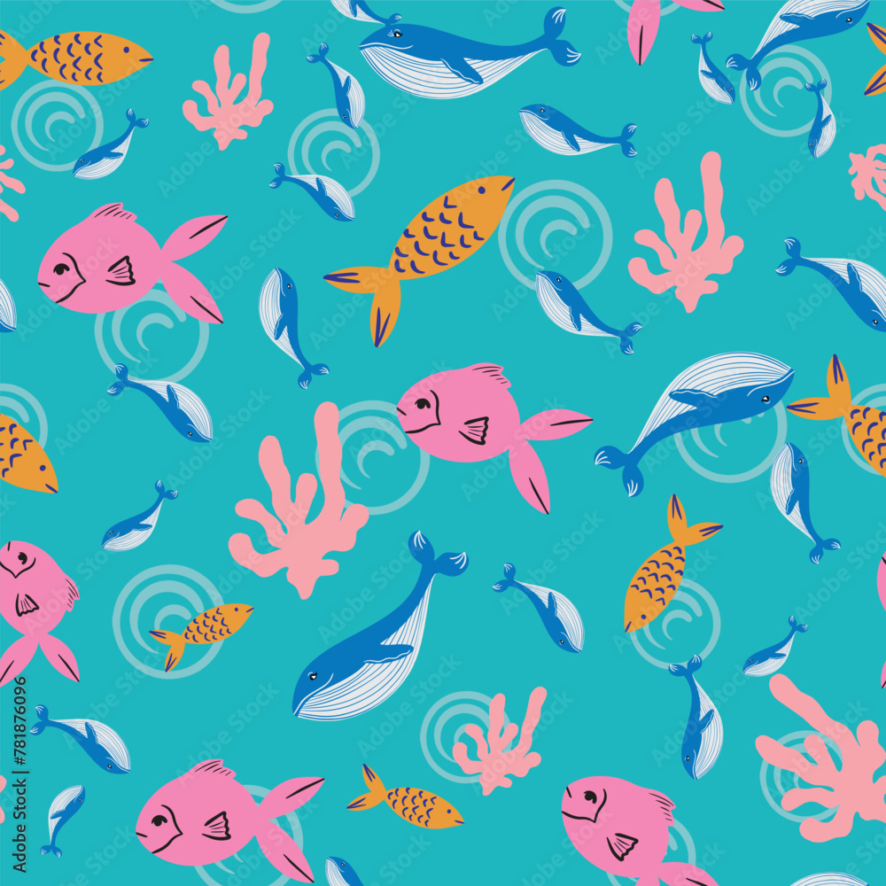 Sea animals vector seamless pattern design - obrazy, fototapety, plakaty 