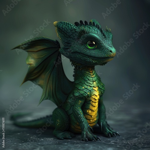 Dark Green Baby Dragon without Wings. Creates Astonishing Dragon with Yellow Belly  Sharp Claws and Long Tail