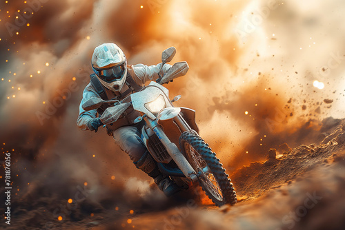 male biker on a sport enduro motorcycle races on dusty desert at sunset in summer