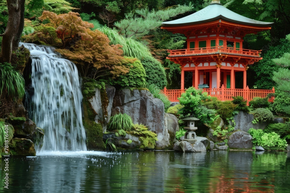 Fototapeta premium Find Your Fengshui Goals with a Traditional Tor Gate in a Garden: Enhance Luck, Fun, and Liberty with Harmonious Wind and Water Elements 