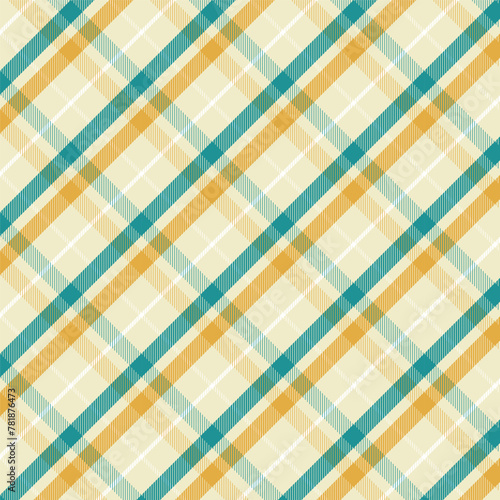 Seamless diagonal plaid patterns in green yellow turquoise and beige for textile design. Tartan plaid pattern with a cross-shaped graphic background for a fabric print. Vector illustration.