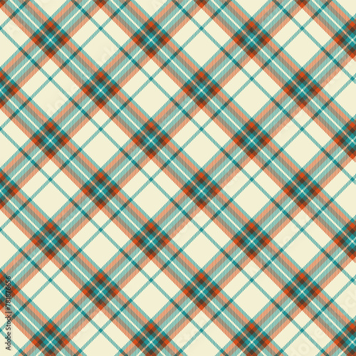 Seamless diagonal plaid patterns in green orange brown and beige for textile design. Tartan plaid pattern with a cross-shaped graphic background for a fabric print. Vector illustration.