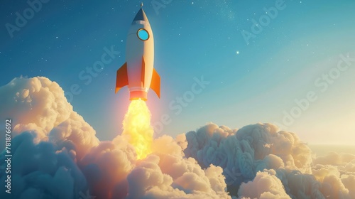 Creative launching rocket on bright blue sky with clouds background. Start up and exploration concept. 3D Rendering,Spaceship lift off. Space shuttle with smoke and blast takes off into space 