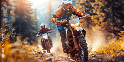 male motorcycle racers on sports enduro motorcycles compete in an off-road race riding in forest in summer