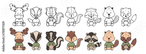 cute children's woodland animals vector set for coloring, kids woodland animals sitting vector children's illustration