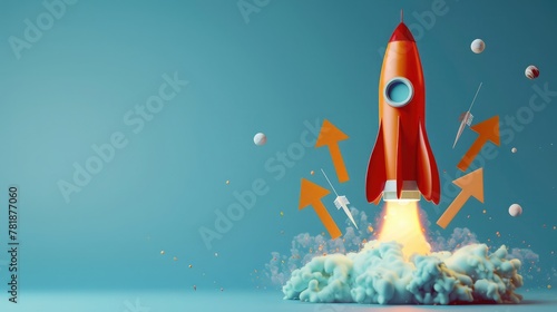 Launching rocket with arrows on blue background. Start up and new beginning concept. 3D Rendering,Launching rocket on blue sky background. Startup and exploration concept. 3D Rendering 