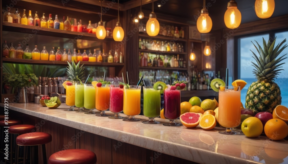 A line of colorful fruit smoothies on a bar counter, with a variety of fruits and ambient lighting creating a vibrant atmosphere. AI Generation A line of colorful fruit smoothies on a bar counter, with a variety of fruits and ambient lighting creating a vibrant atmosphere. AI Generation