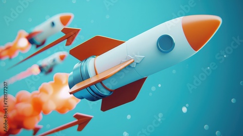 Launching rocket with arrows on blue background. Start up and new beginning concept. 3D Rendering,Launching rocket on blue sky background. Startup and exploration concept. 3D Rendering
