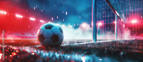 A football on a stadium in rainy day with f ball and net. Banner of soccer game. Sport concept.