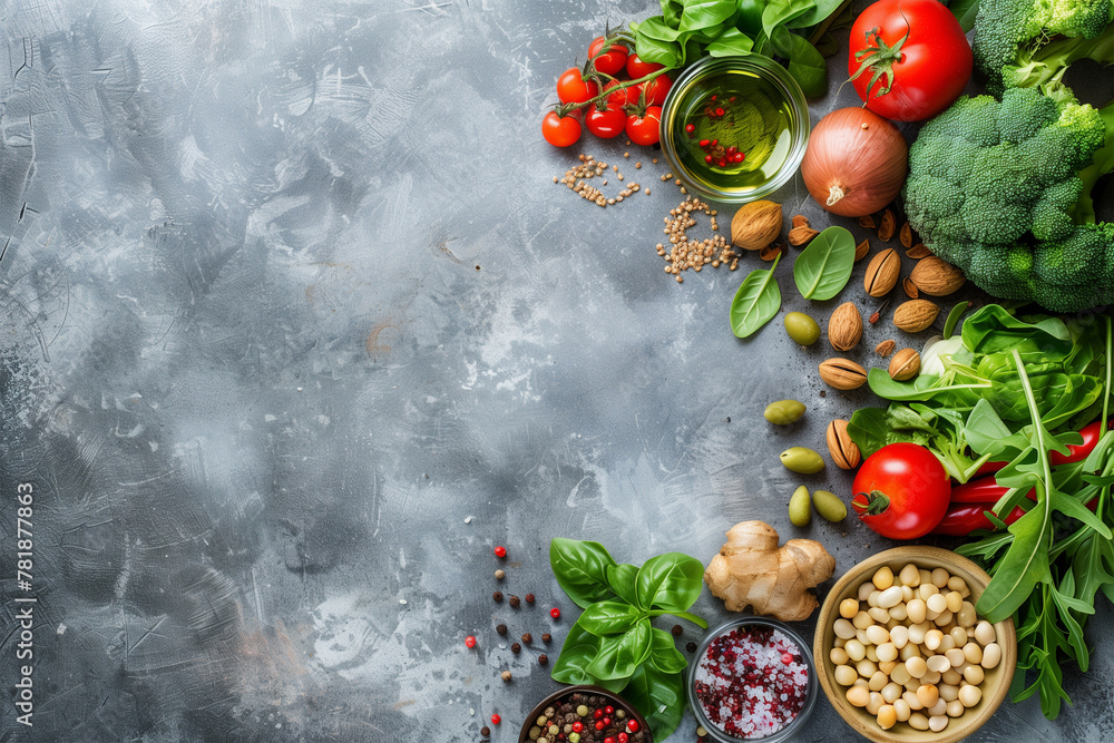 Organic healthy products on gray background representing detox and clean diet Organic healthy products on gray background representing detox and clean diet