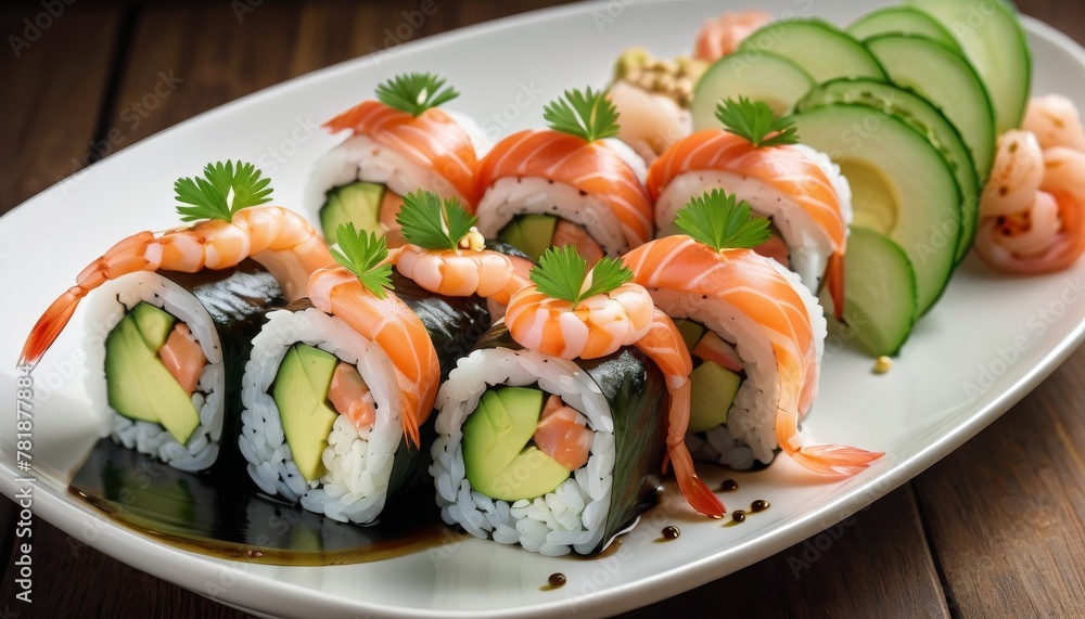 A pristine plate of sushi rolls adorned with prawns and avocado, drizzled with soy sauce, perfect for culinary stock imagery. AI Generation A pristine plate of sushi rolls adorned with prawns and avocado, drizzled with soy sauce, perfect for culinary stock imagery. AI Generation