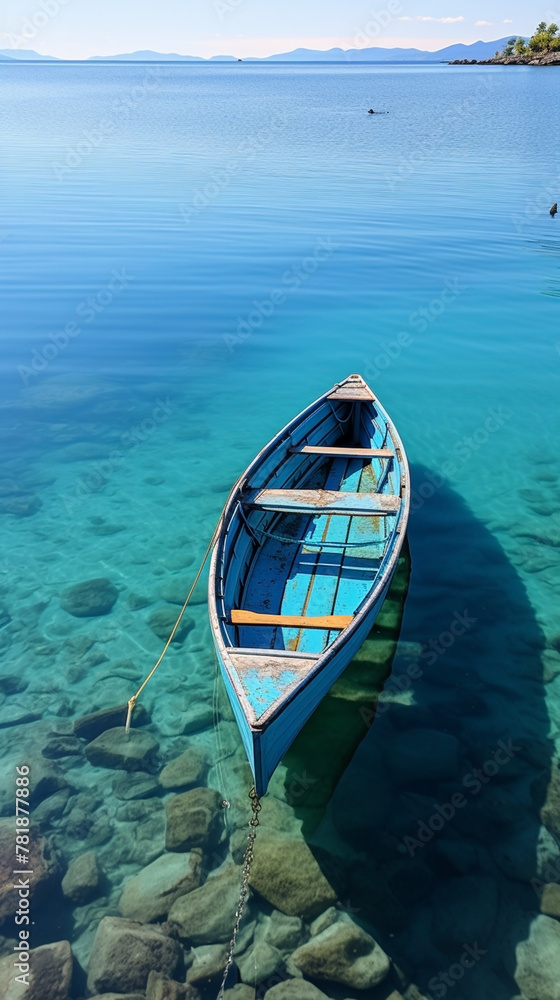 Obraz premium Vertical mobile banner of old wooden fishing boat floating on clear water on a calm lake, in a sunny day morning with bright blue sky