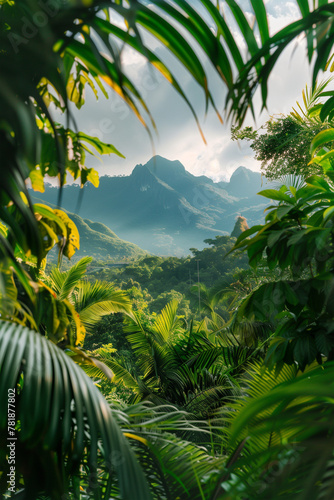 Fototapeta Naklejka Na Ścianę i Meble -  Vibrant jungle surrounded by towering trees and lush foliage on a rainy day. Concept of the depth of the greenery, and the refreshing essence of a rainy day in wilderness 