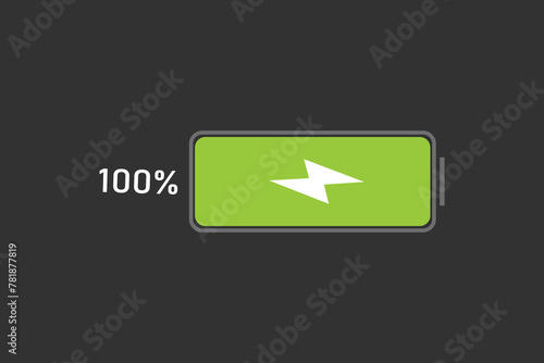 battery charging indicators with lightning symbol and percentages. Charge level 100 percentage on gray background. Vector illustration