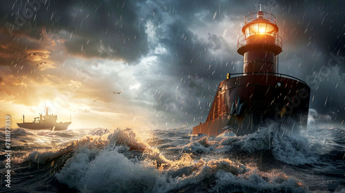 Illustration of sea sunrise landscape. Lighthouse in stormy weather and a ship. #781877839